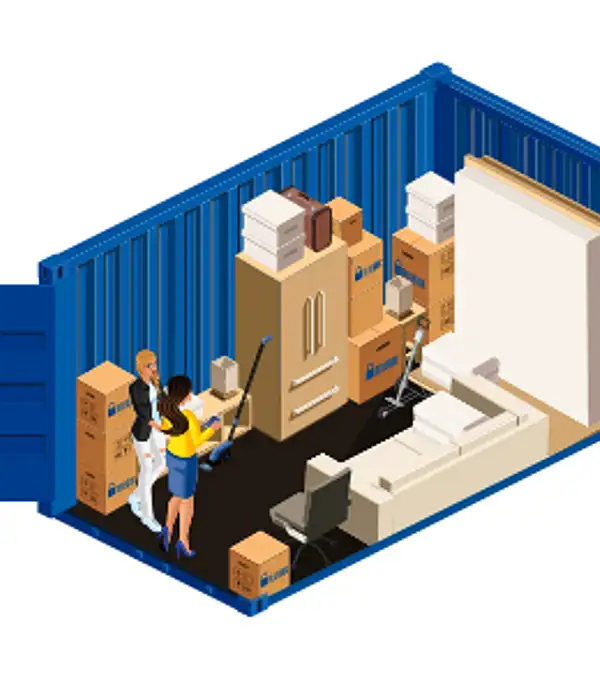 20ft container Two people stand inside a blue self storage container filled with stacked boxes, furniture, and office items.